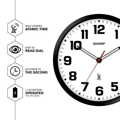 Sharp Atomic clock dial close-up featuring large numerals for quick reading.