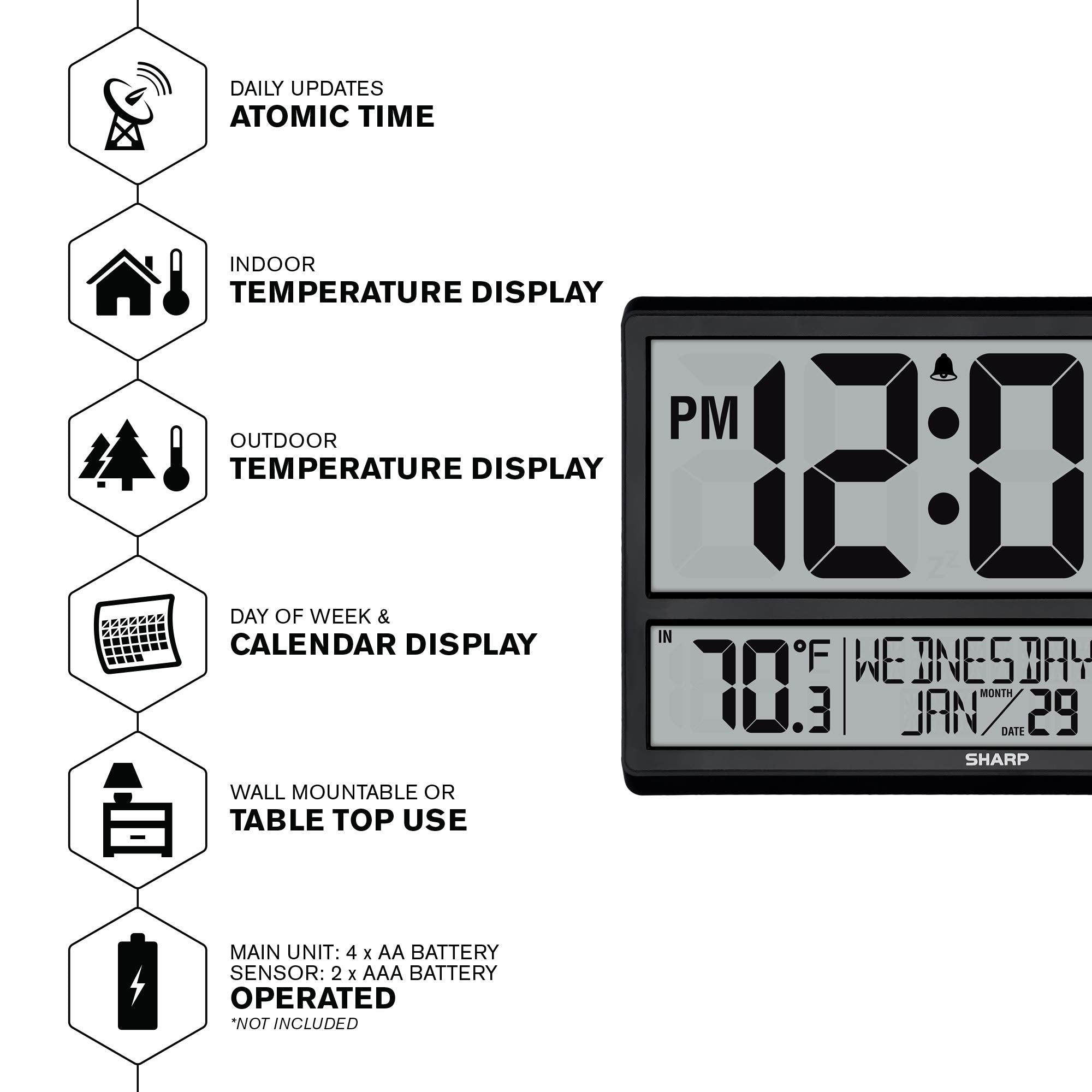 Sharp Atomic Clock shows indoor and outdoor temperatures at a glance.