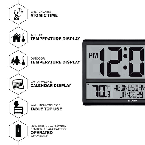 Sharp Atomic Clock shows indoor and outdoor temperatures at a glance.