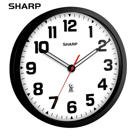 Sharp Atomic clock shows radio-control sync for precise time across devices.
