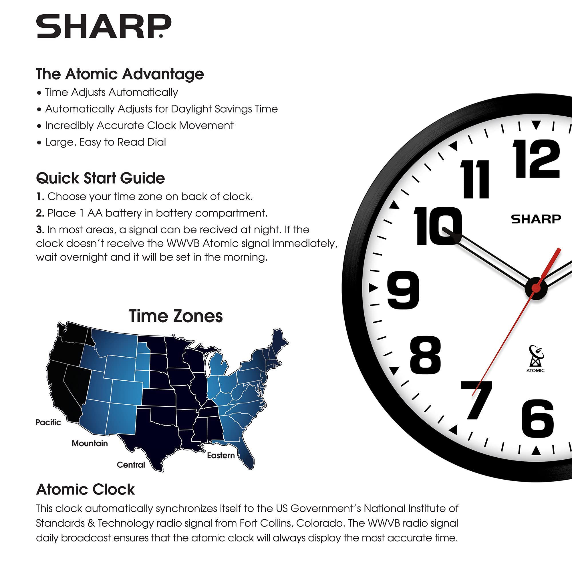 Sharp Atomic clock mounted in a living space demonstrating versatile decor fit.