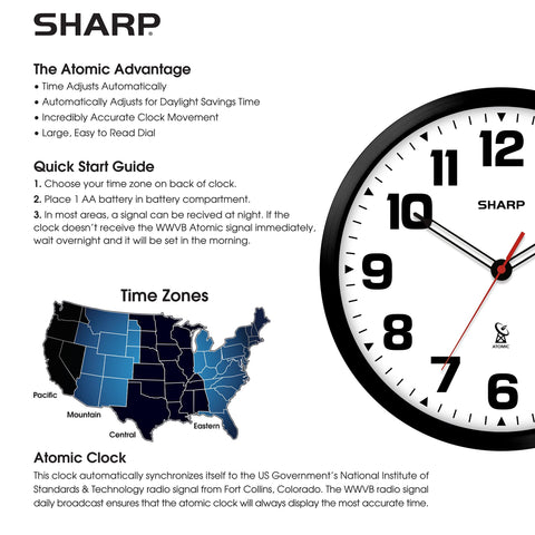 Sharp Atomic clock mounted in a living space demonstrating versatile decor fit.