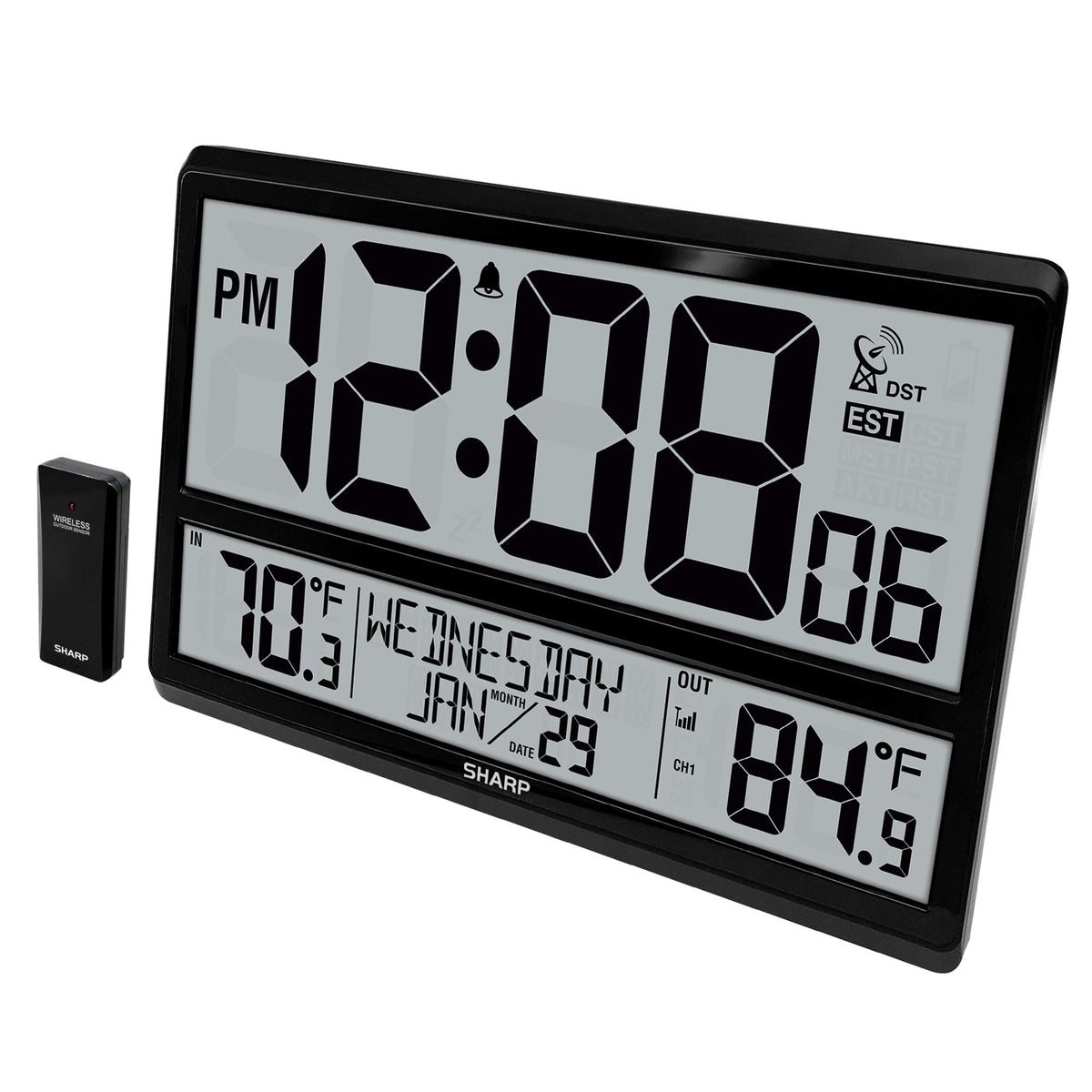 Sharp Atomic Clock wall display with oversized numbers for easy viewing.