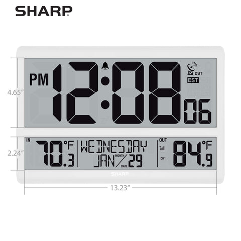 Wireless outdoor sensor transmits temperature data to the Sharp clock up to 100 feet.