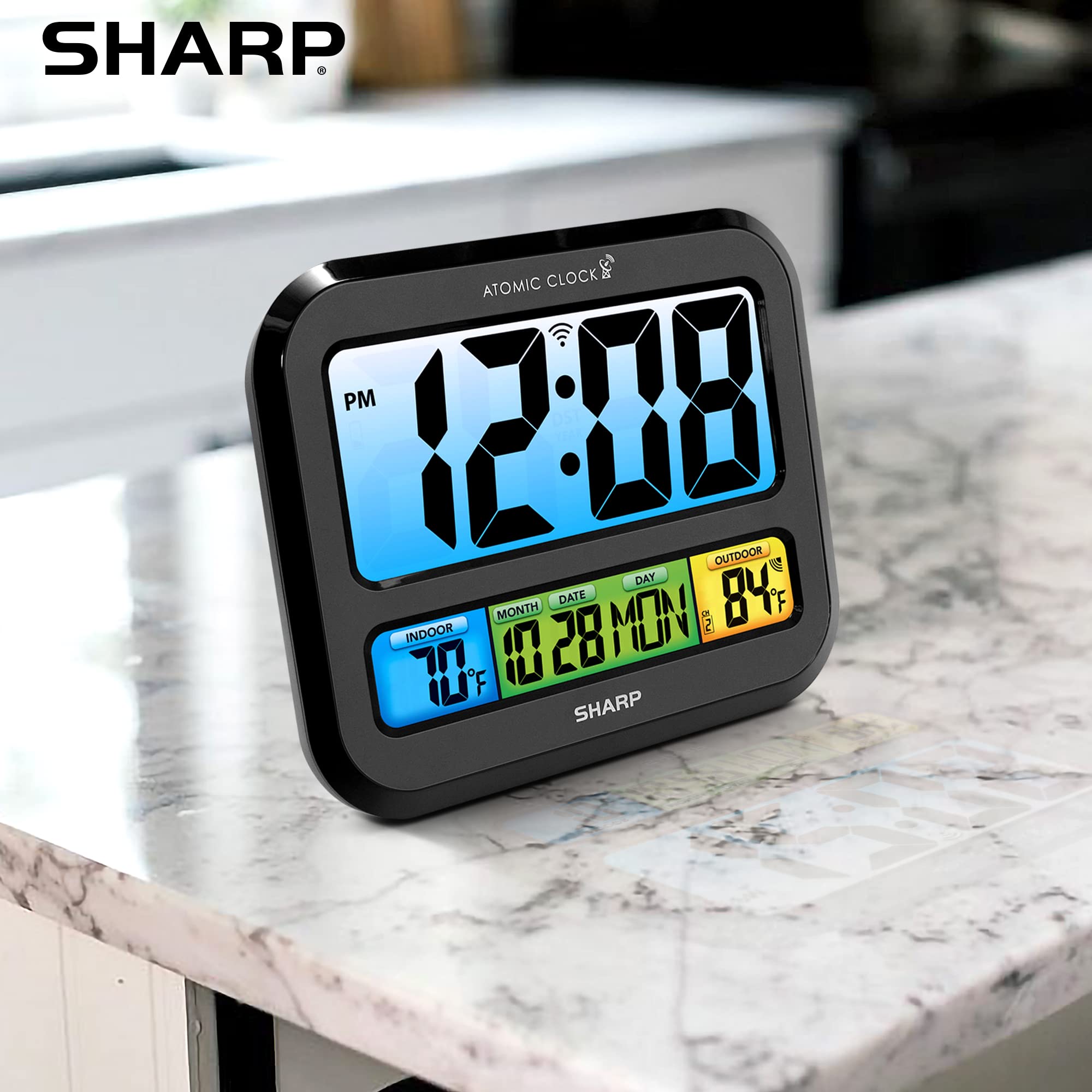Sharp Atomic Clock uses WWVB signals for automatic time updates.