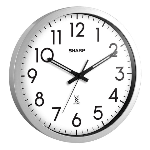 Sharp Atomic wall clock in a silver brushed frame adds modern style