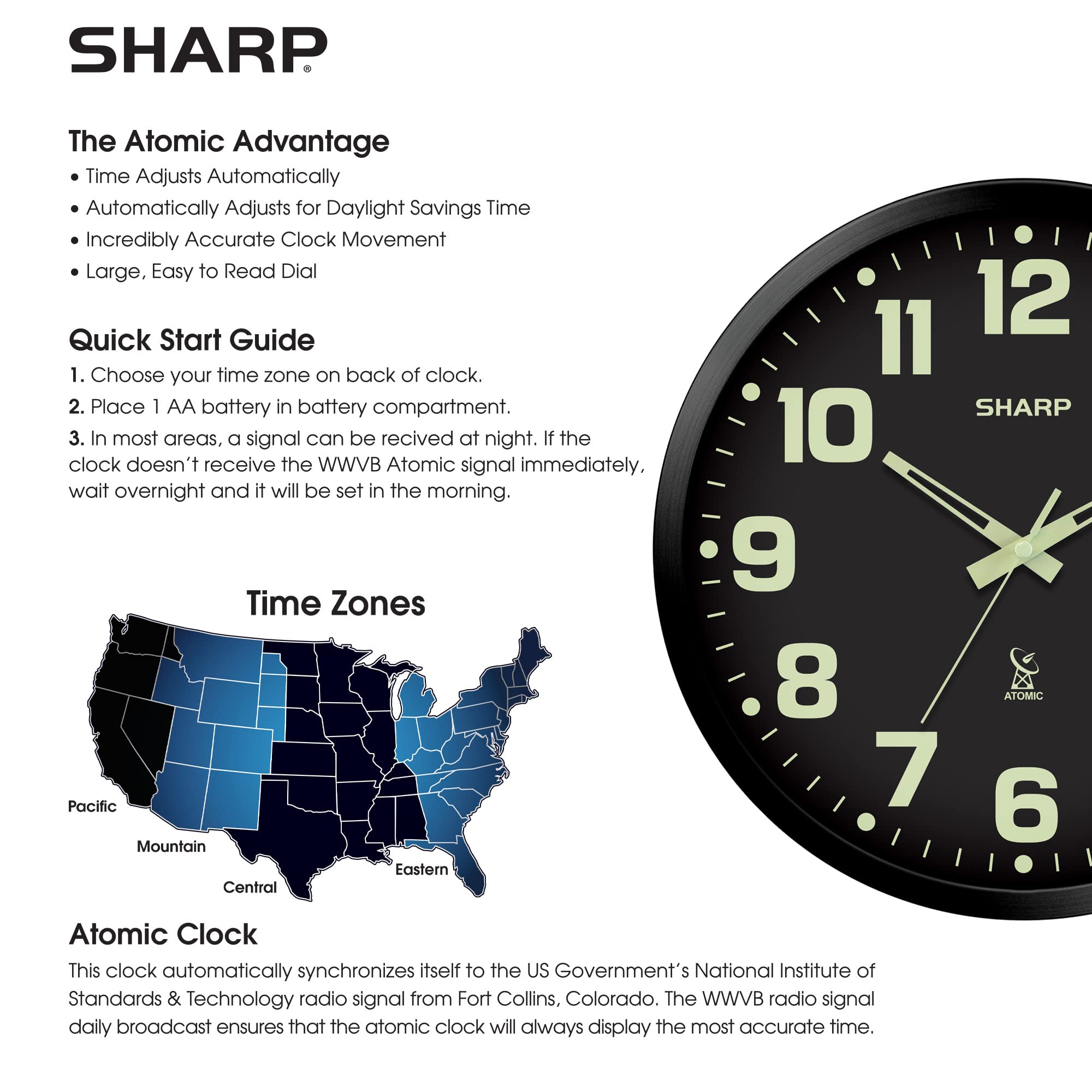 Sharp battery-operated clock runs on a single AA battery for placement flexibility