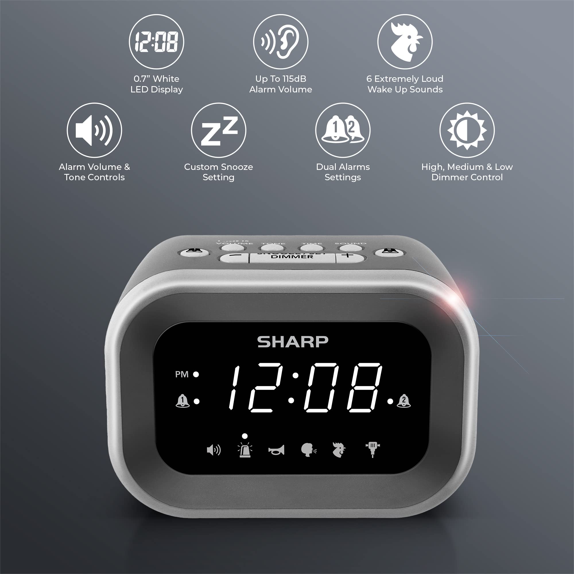 Sharp Big Bang clock showing six loud sounds option for heavy sleepers