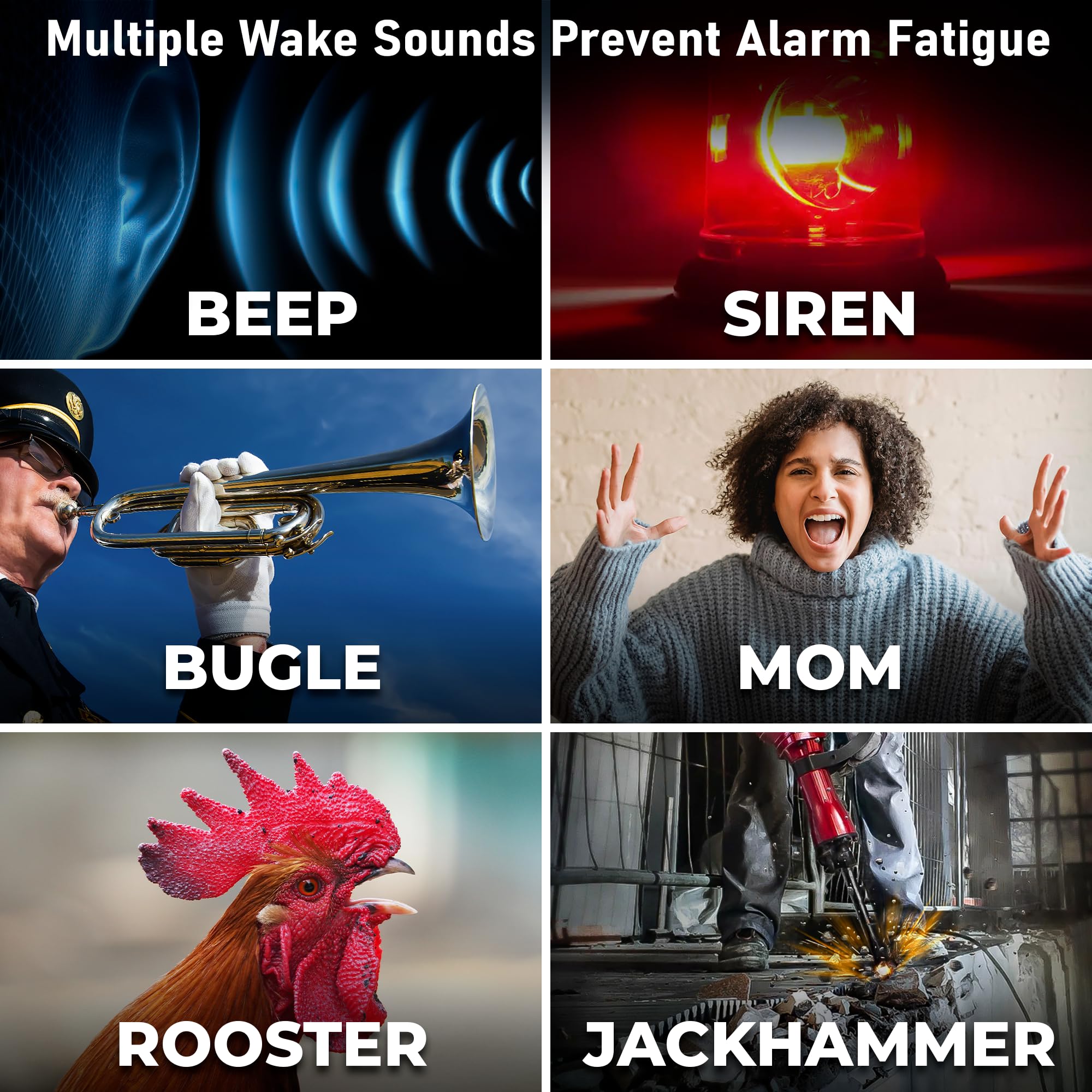 Sharp Big Bang alarm clock battery backup preserves alarms during outages.