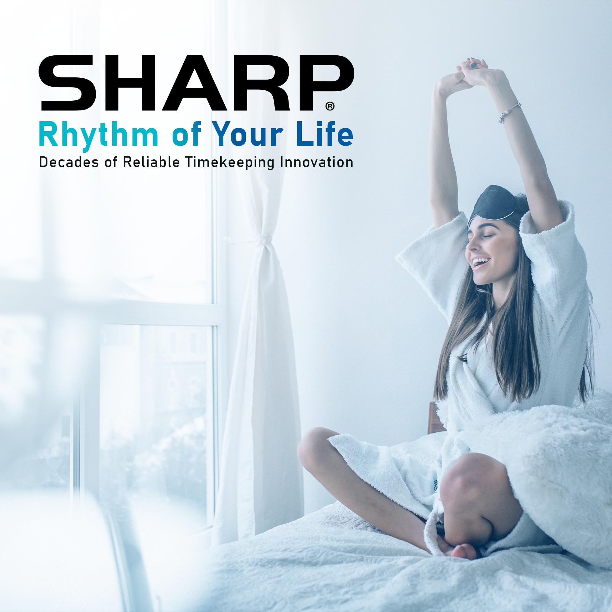 Sharp Big Bang alarm clock bedside setup with large easy-to-read display.