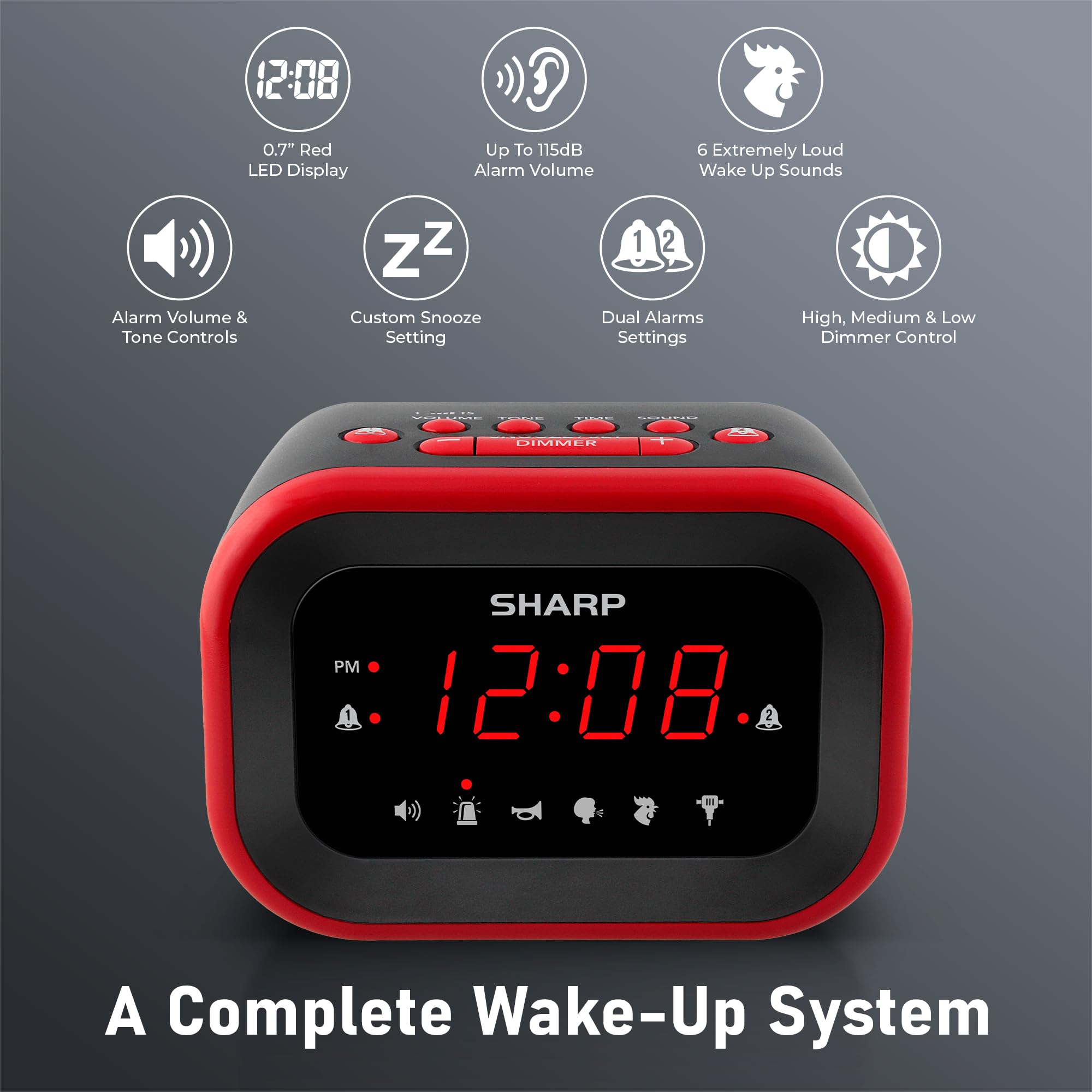 Sharp Big Bang alarm clock dimmer display for comfortable night viewing.