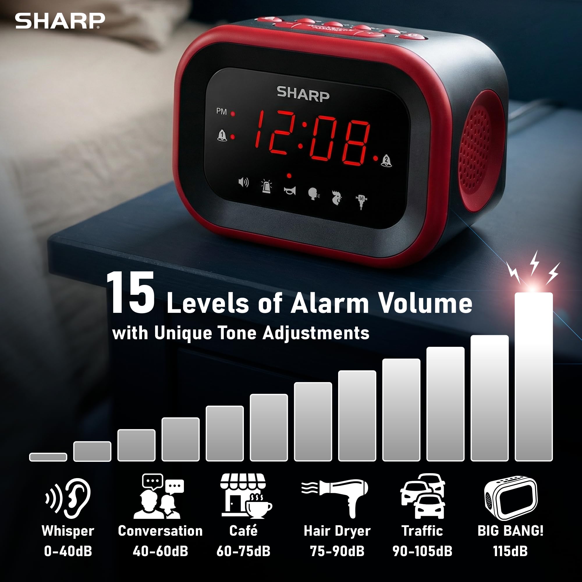 Sharp Big Bang alarm clock dual alarms for weekday and weekend schedules.