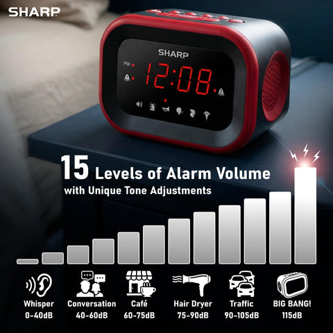 Sharp Big Bang alarm clock dual alarms for weekday and weekend schedules.