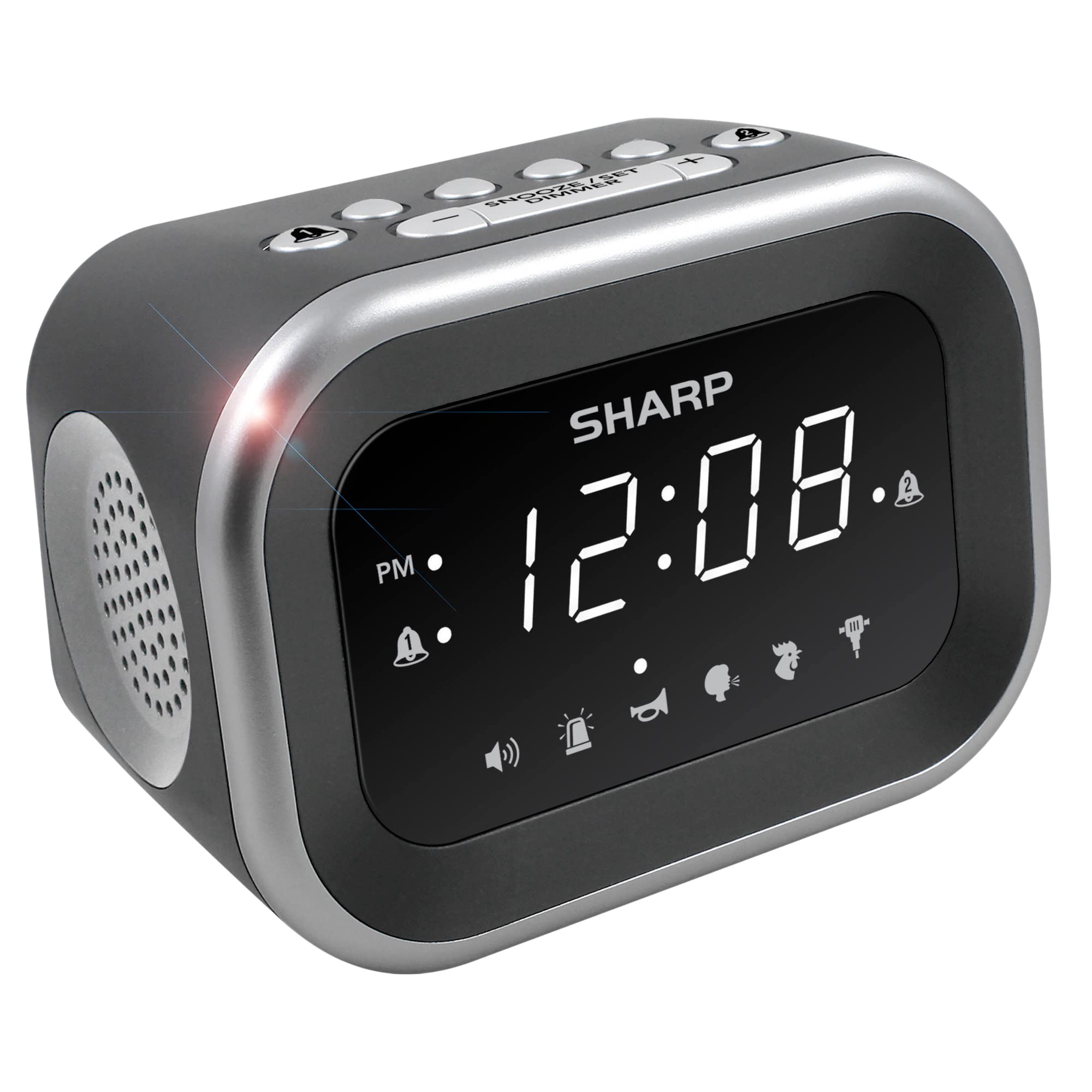 Sharp Big Bang alarm clock front view with bright LED display for easy waking