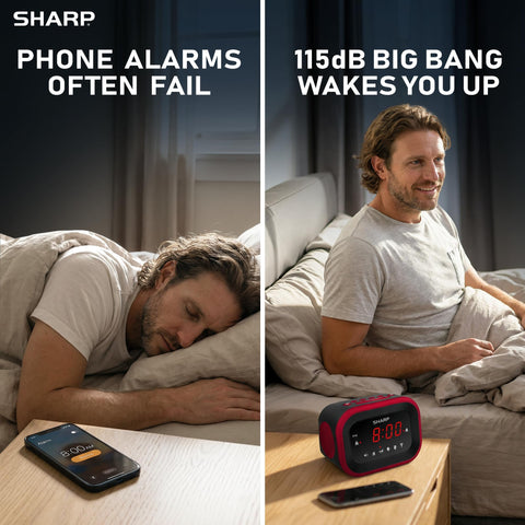 Sharp Big Bang alarm clock 115dB loud alarm for heavy sleepers.