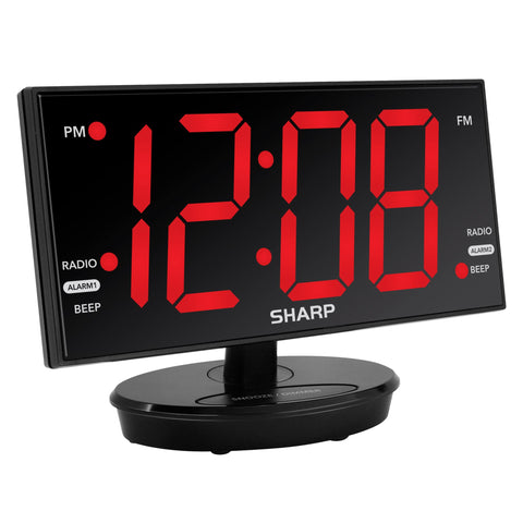 Sharp digital alarm clock with 8.9-inch LED display for easy bedside reading