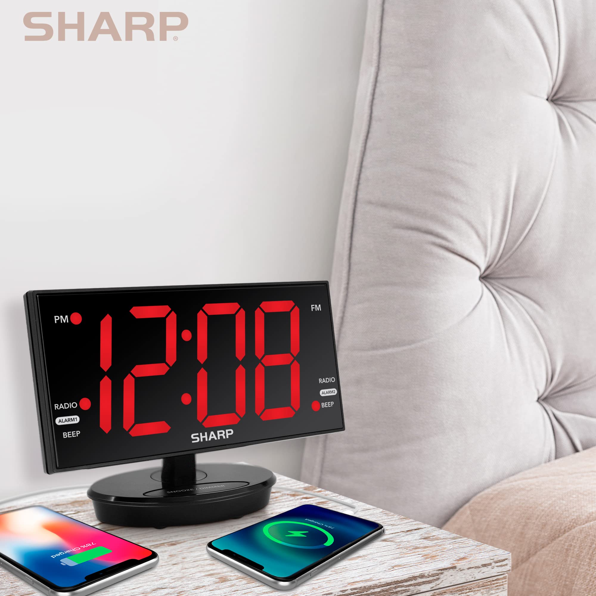 Sharp dual alarm with snooze function for morning routines