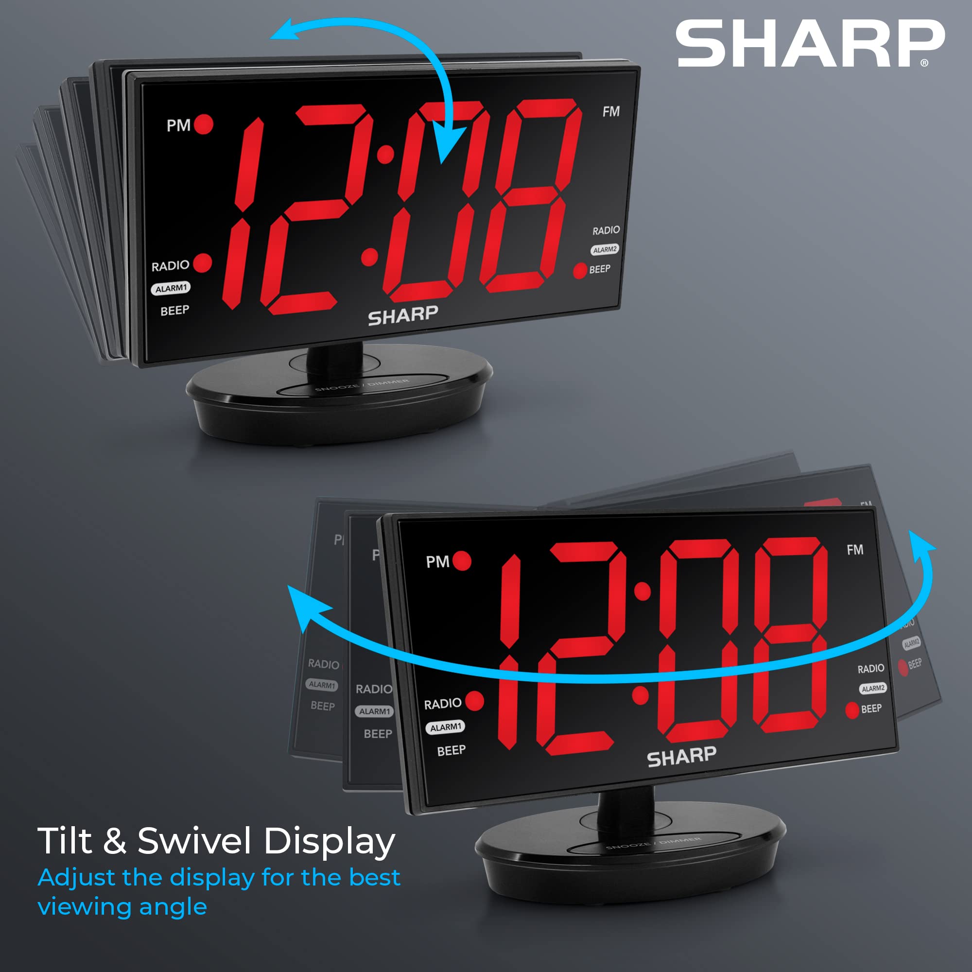 Sharp alarm clock showing tilt and swivel display for flexible viewing angles