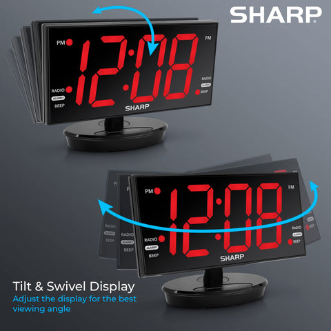 Sharp alarm clock showing tilt and swivel display for flexible viewing angles