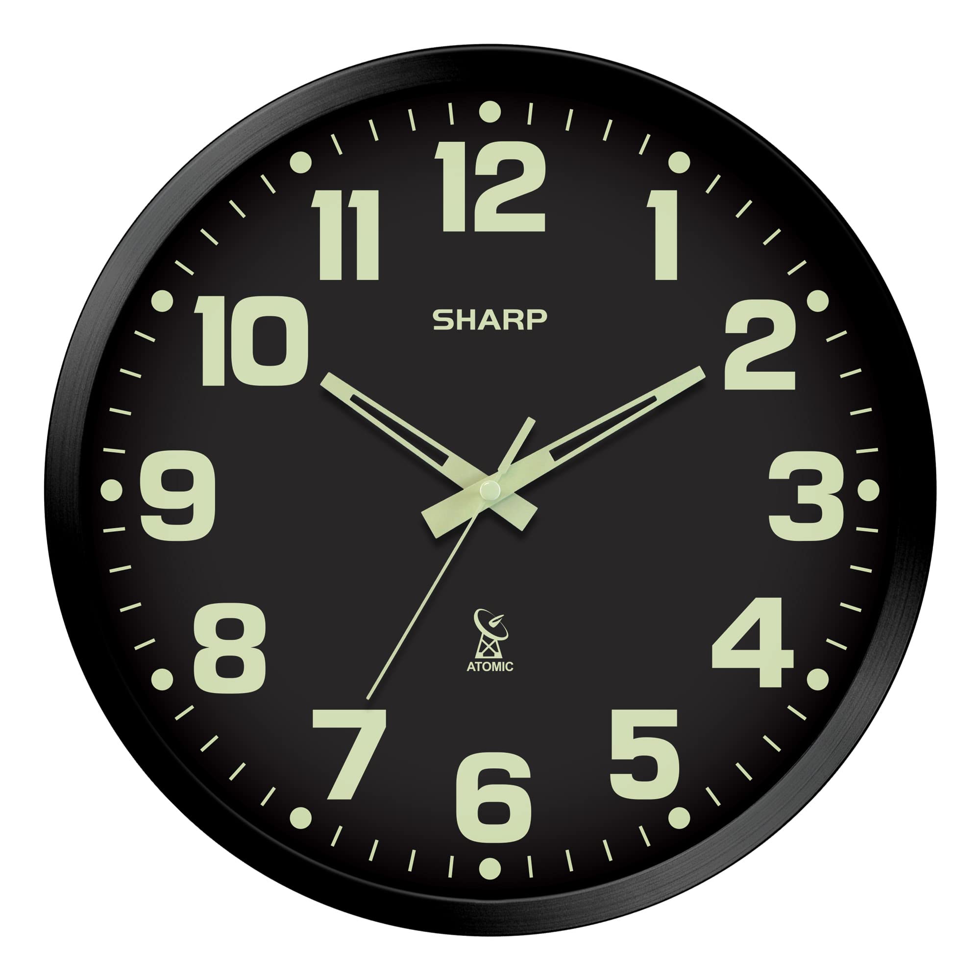 Sharp glow-in-the-dark atomic clock numbers illuminate the time clearly at night