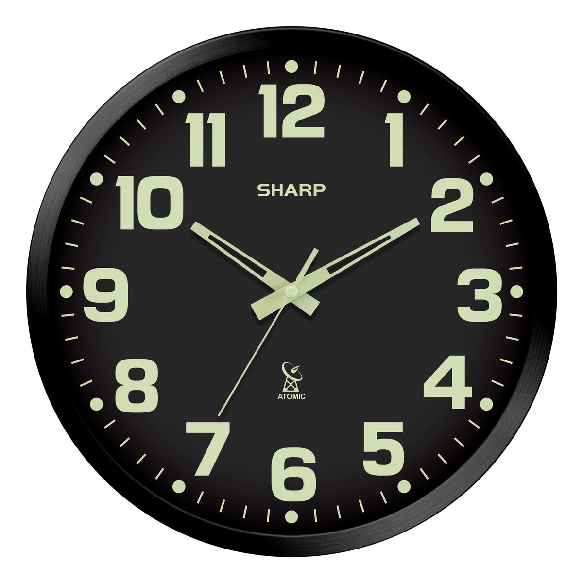 Sharp glow-in-the-dark atomic clock numbers illuminate the time clearly at night