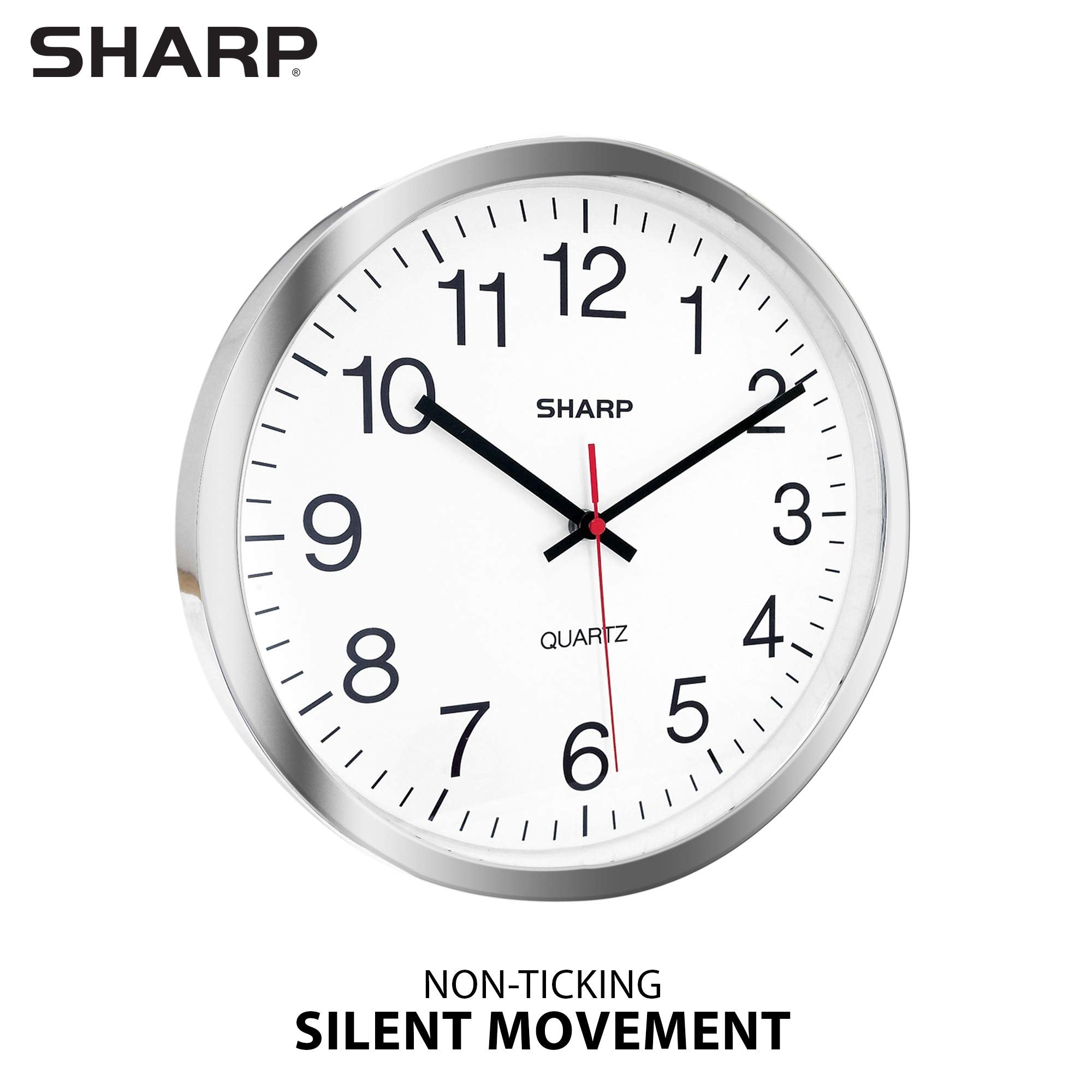 Sharp wall clock dial closeup showing large numerals for quick time checks