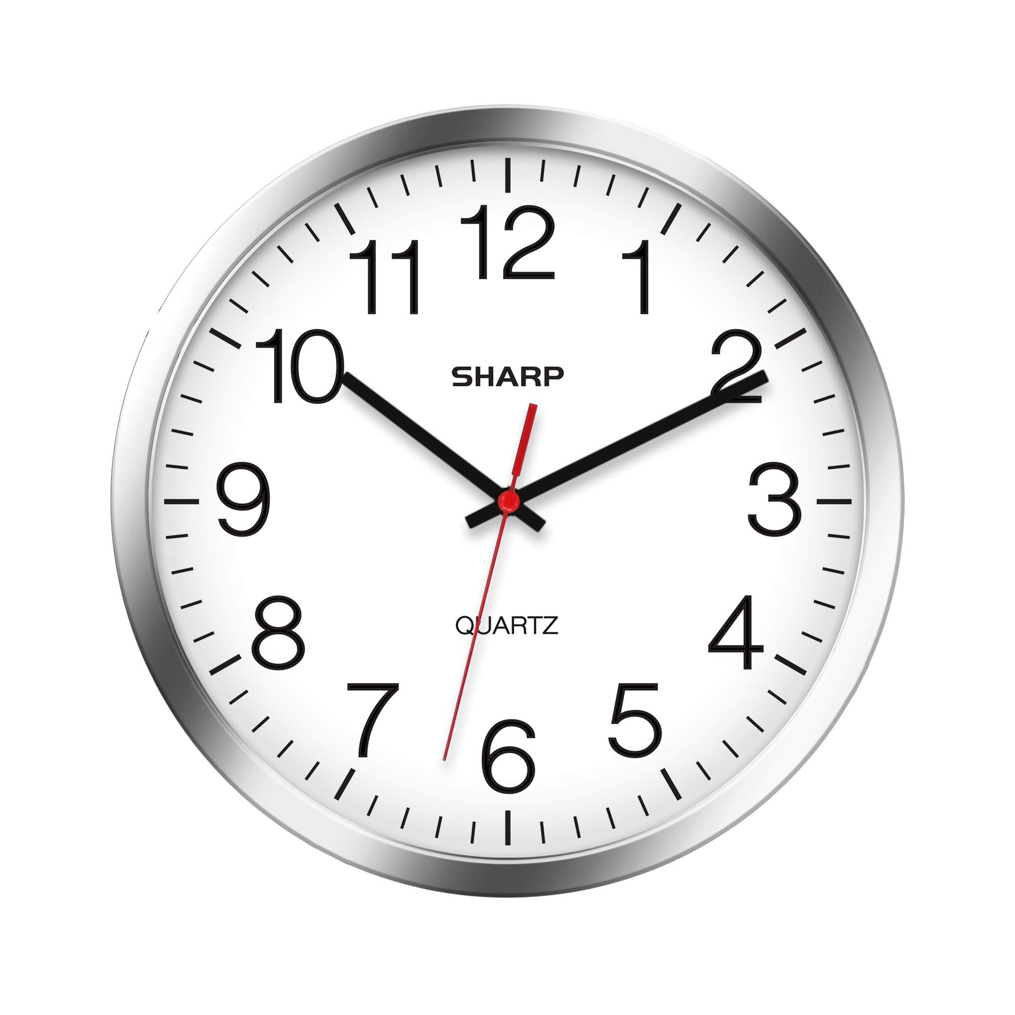 Sharp wall clock front face in silver chrome offers easy readability from across the room