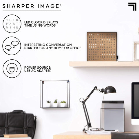 Sharper Image LED Word Clock wall-mount design enhances living or office spaces.