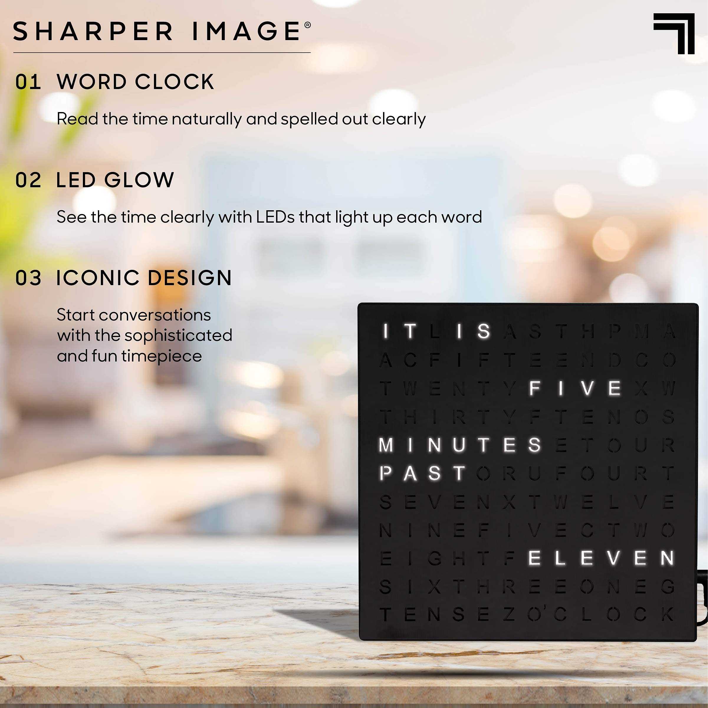Sharper Image LED Word Clock compact size fits narrow shelves and nightstands.