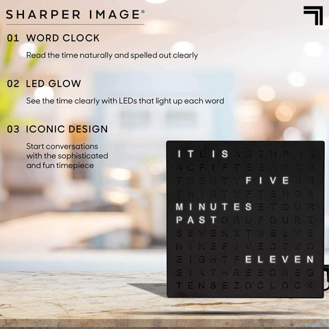 Sharper Image LED Word Clock compact size fits narrow shelves and nightstands.