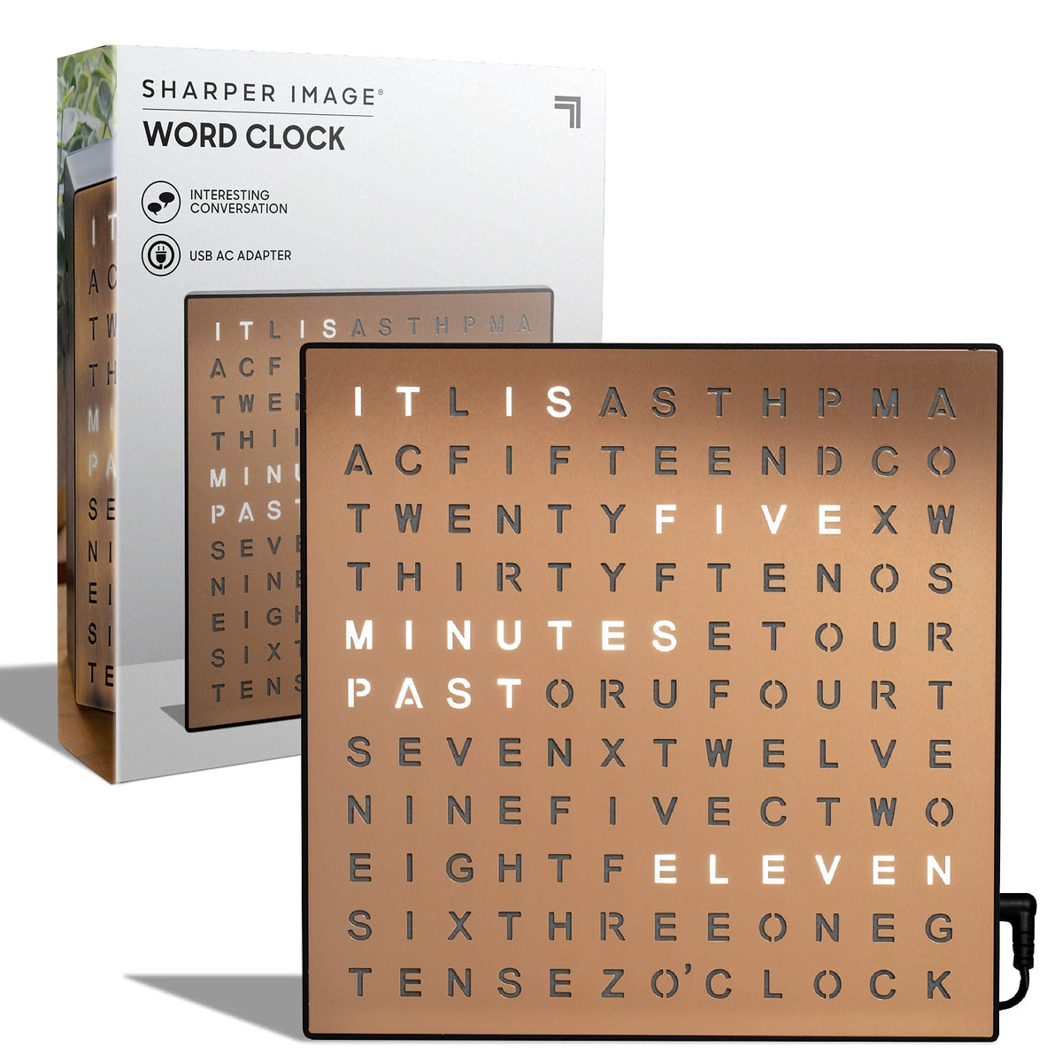 Sharper Image LED Word Clock in copper finish reads time in five-minute increments.