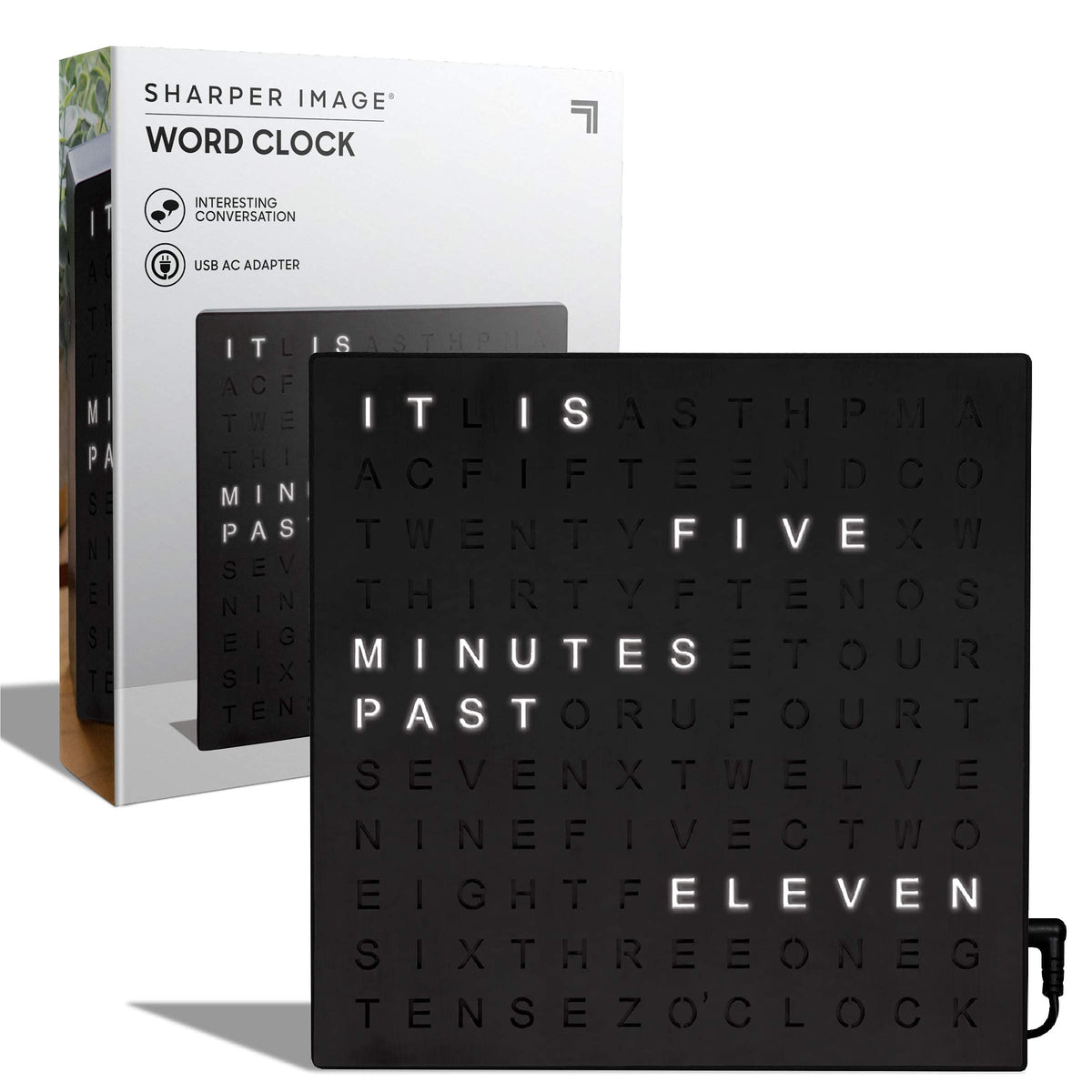 Sharper Image LED Word Clock desk display glows with time in words for easy reading.