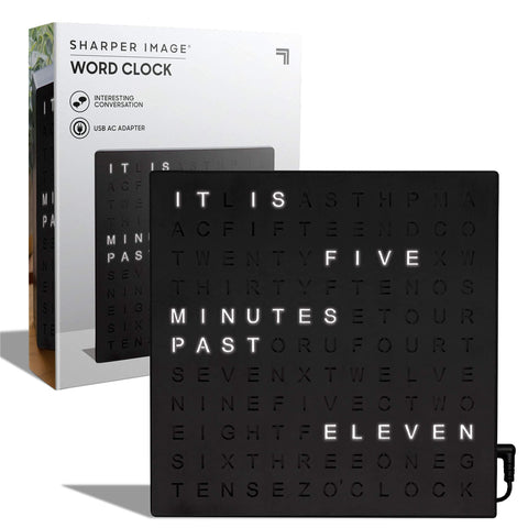 Sharper Image LED Word Clock desk display glows with time in words for easy reading.