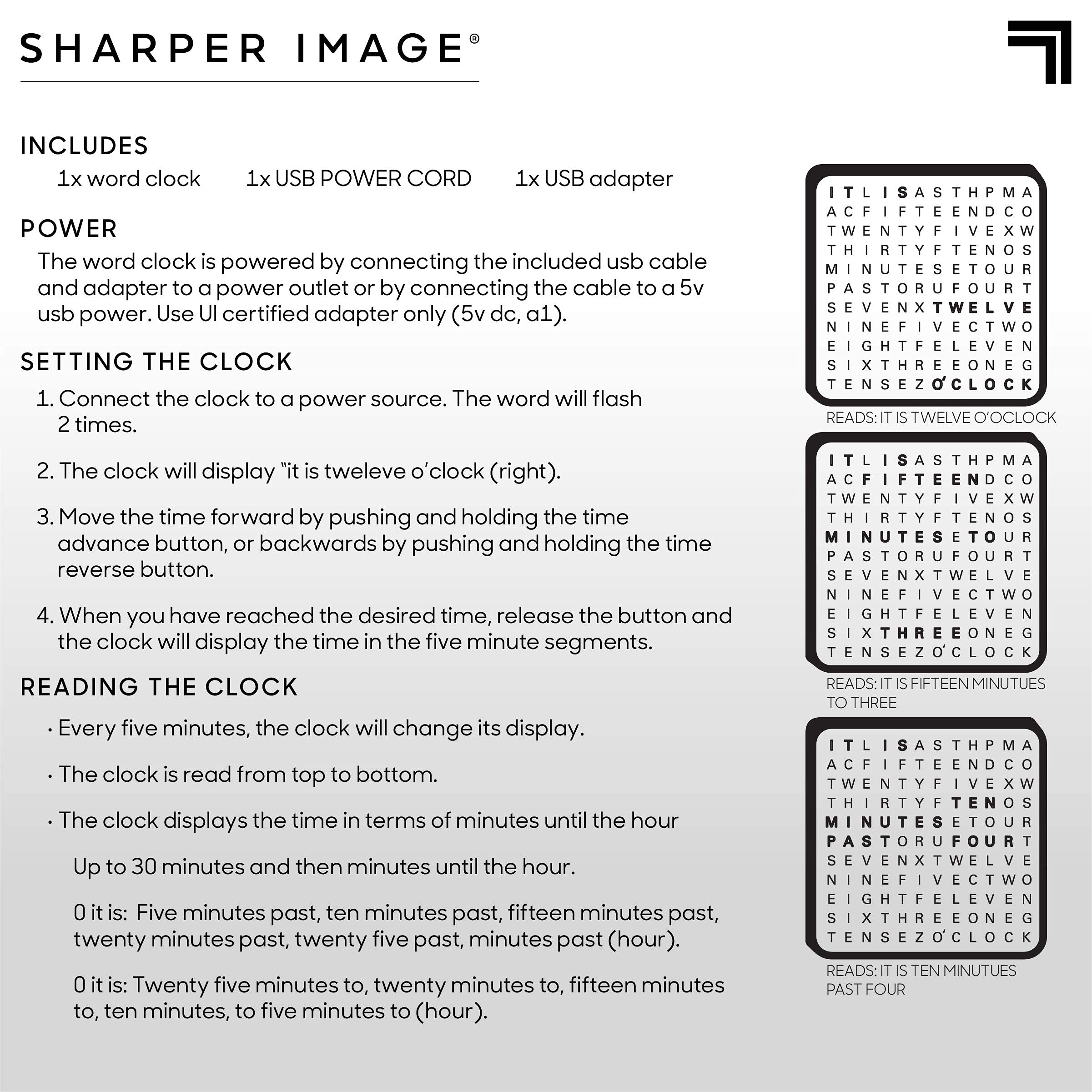 Sharper Image LED Word Clock blends decor and function for living rooms and workspaces.