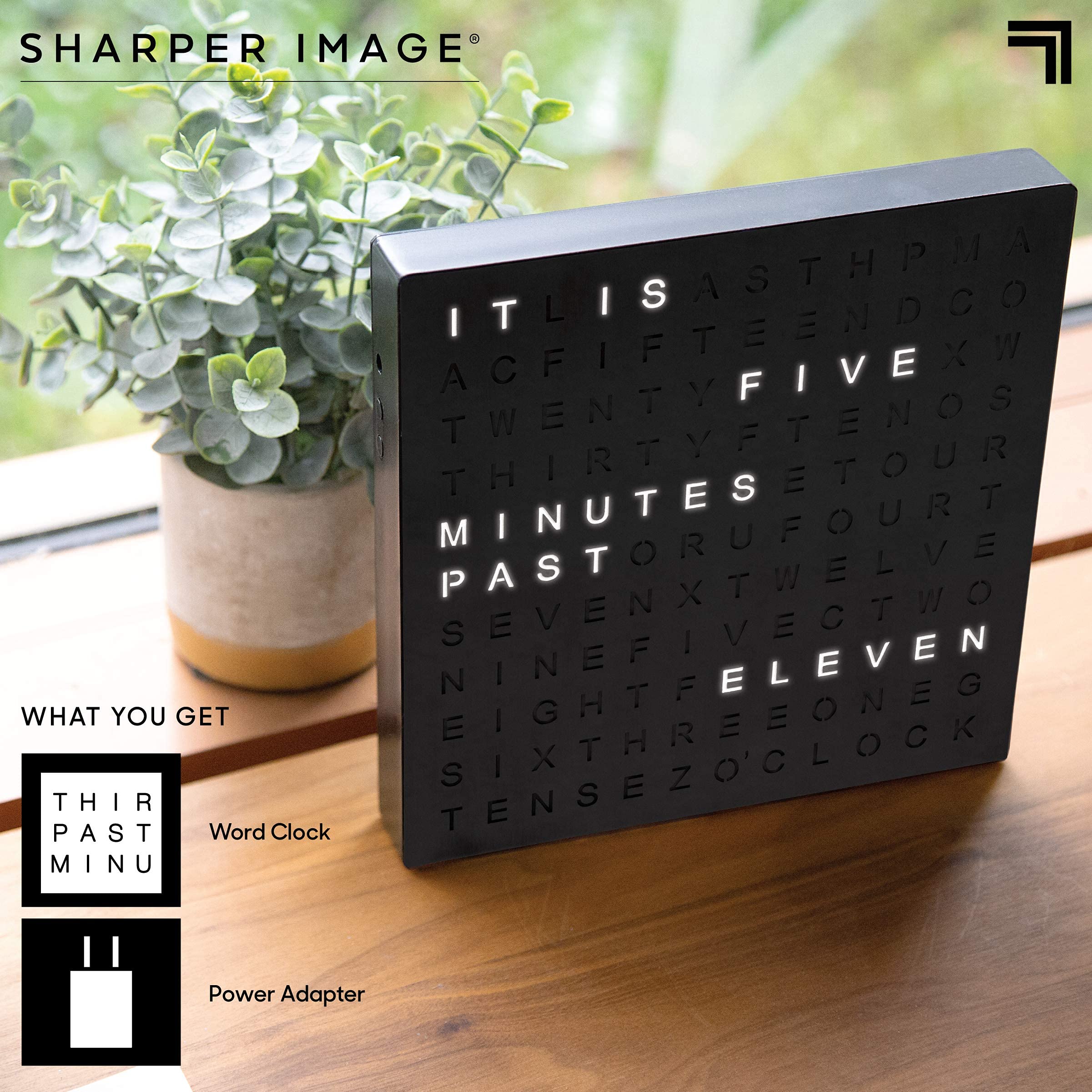 Sharper Image LED Word Clock USB-powered setup for quick, cable-friendly use.