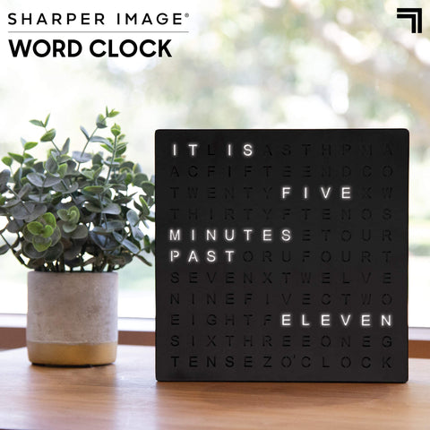 Sharper Image LED Word Clock wall-mount design saves space while adding modern style.