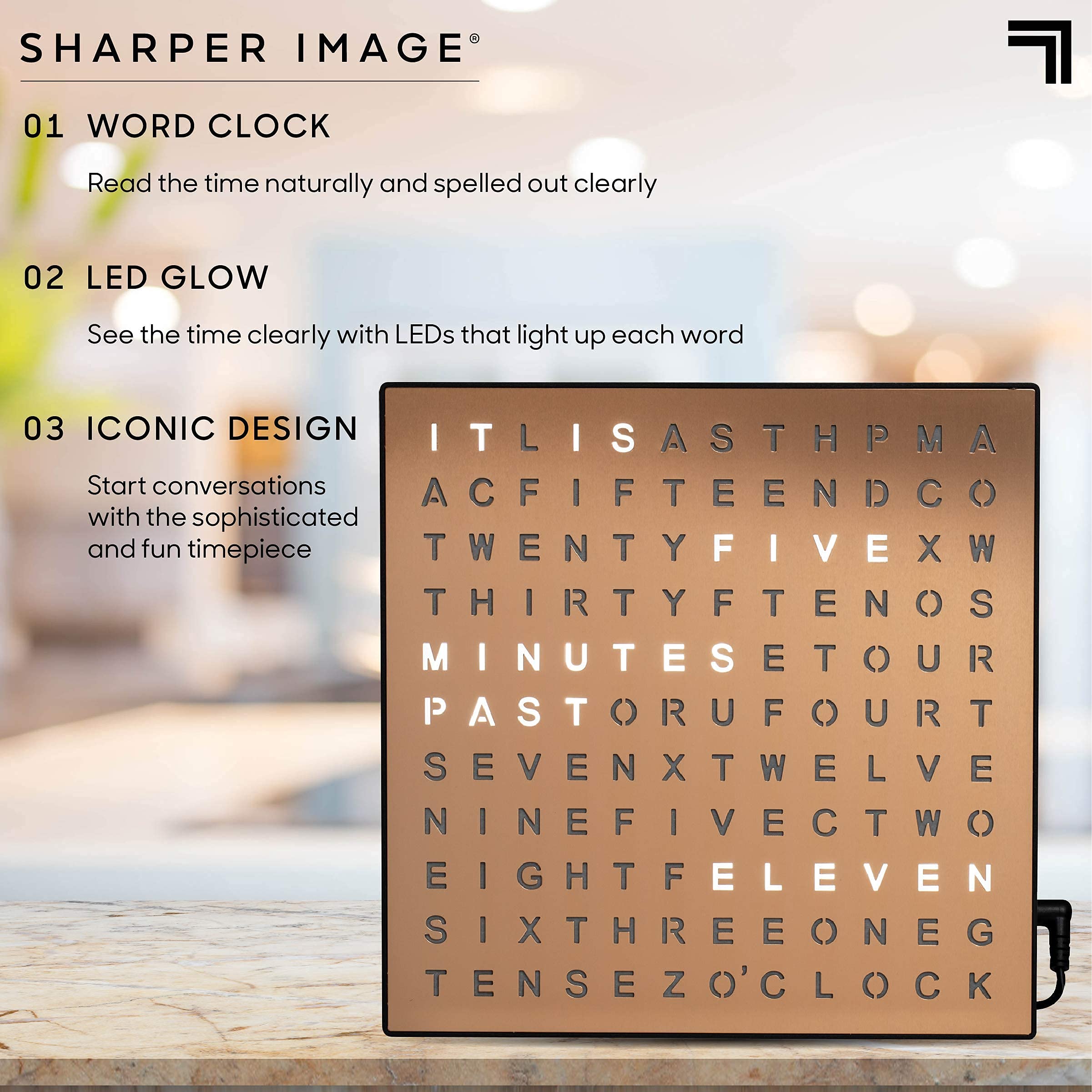 Sharper Image word clock displays time in words for a clear, contemporary read.