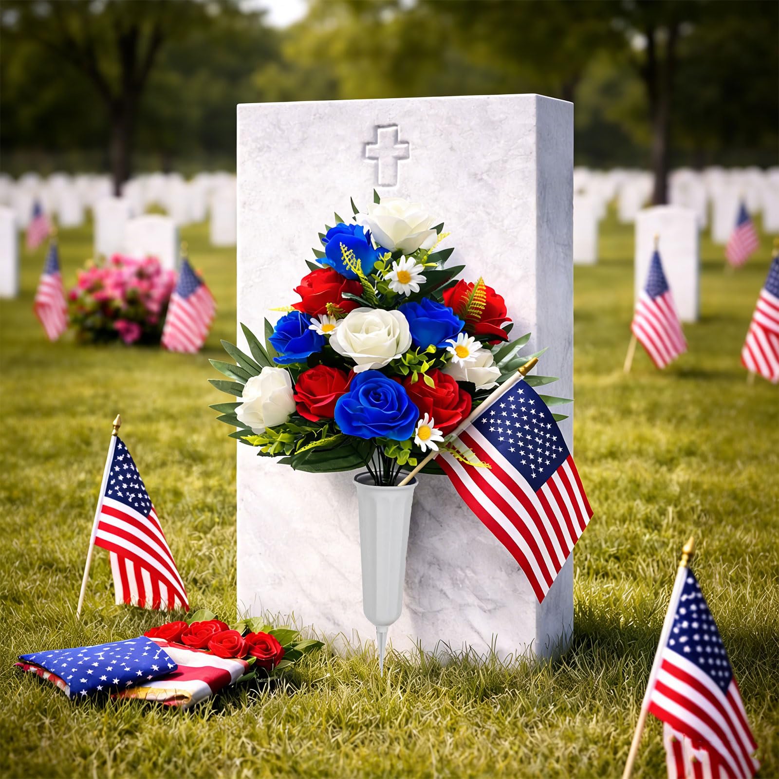 SharpRealm patriotic cemetery decorations honor veterans with a respectful, eye-catching floral tribute.