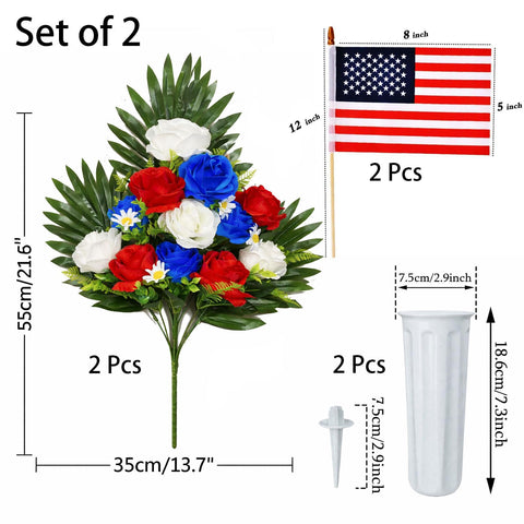 SharpRealm red white blue grave flowers highlight patriotic markers with long-lasting vibrant hues.