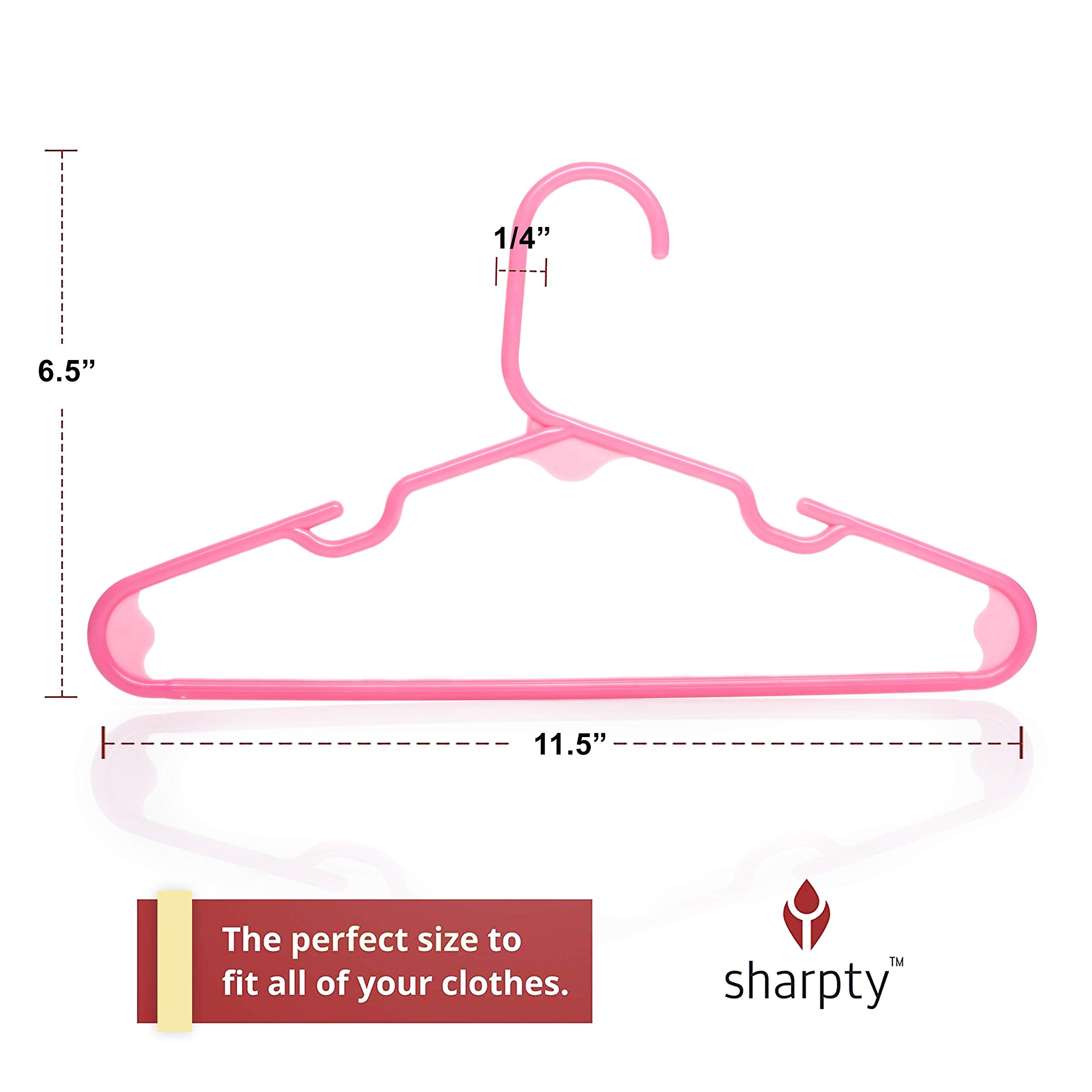 Sharpty pink hanger with notched shoulders protects dresses and tank tops.