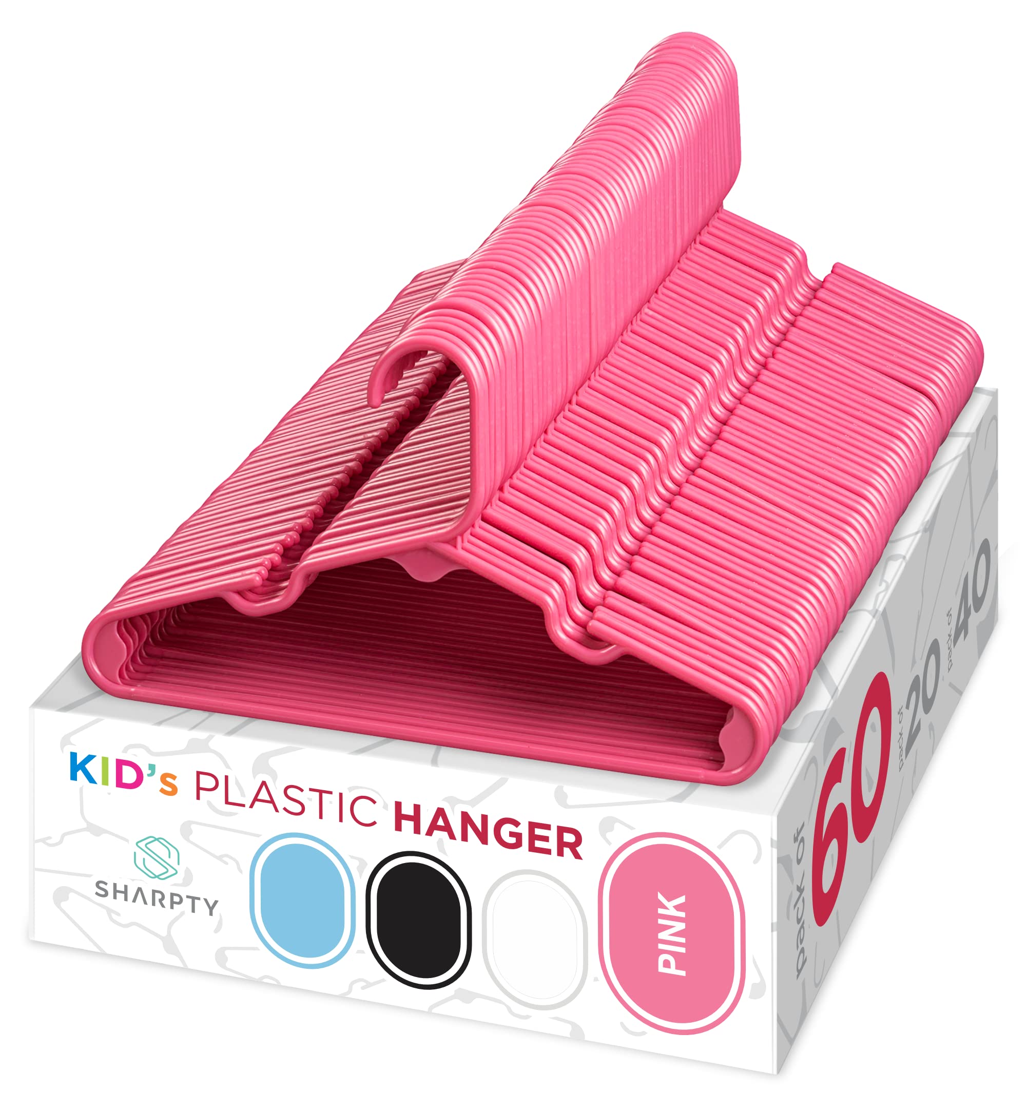 Sharpty Kids pink plastic hanger: durable storage for baby and toddler outfits.