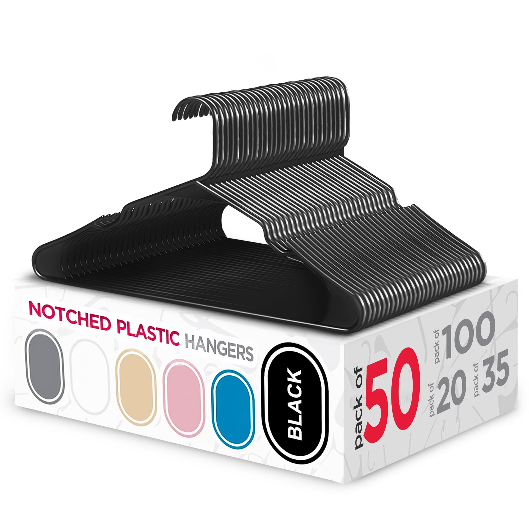 Sharpty plastic hanger with notched shoulders keeps garments secure.