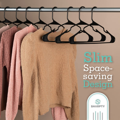 Sharpty plastic hanger with embedded grooves for accessories.