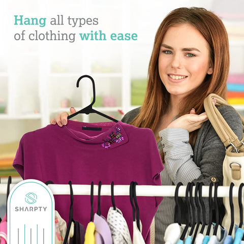 Sharpty black hanger with space-saving profile ideal for compact closets.