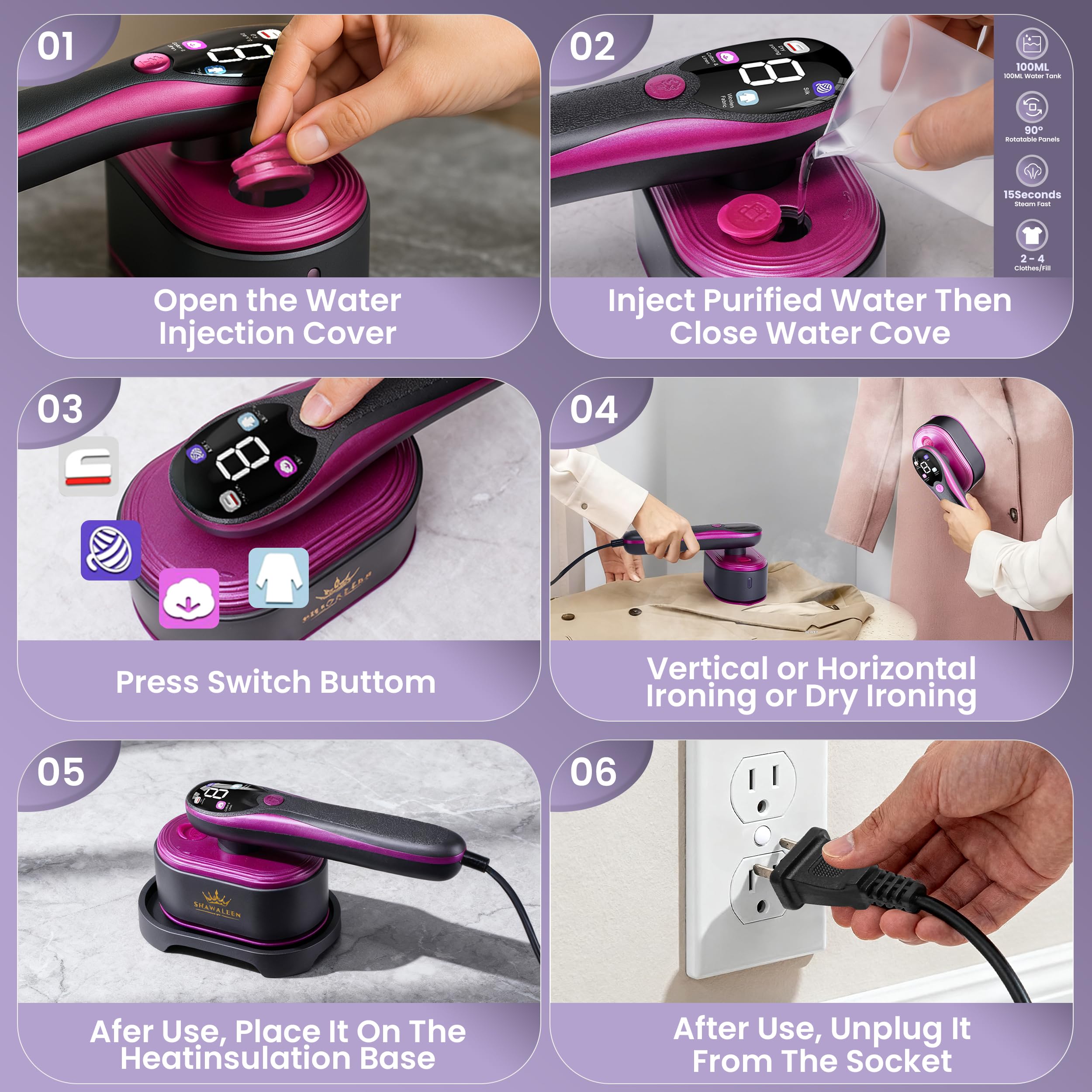 SHAWALEEN Travel Steamer steam head with 90-degree rotation reaches collars