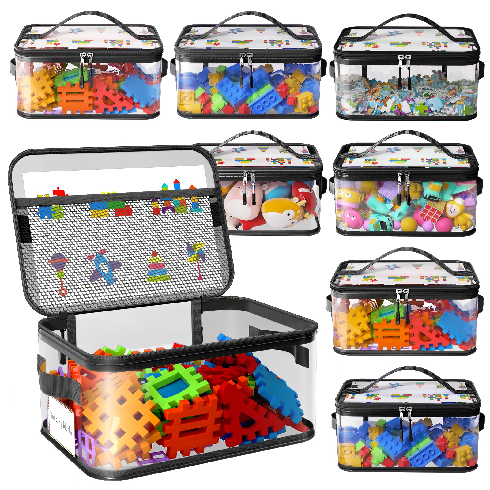 Shcsdr 8-pack toy storage bags with labels keep blocks and puzzles neatly organized.