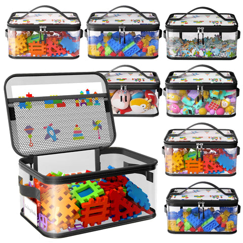 Shcsdr 8-pack toy storage bags with labels keep blocks and puzzles neatly organized.