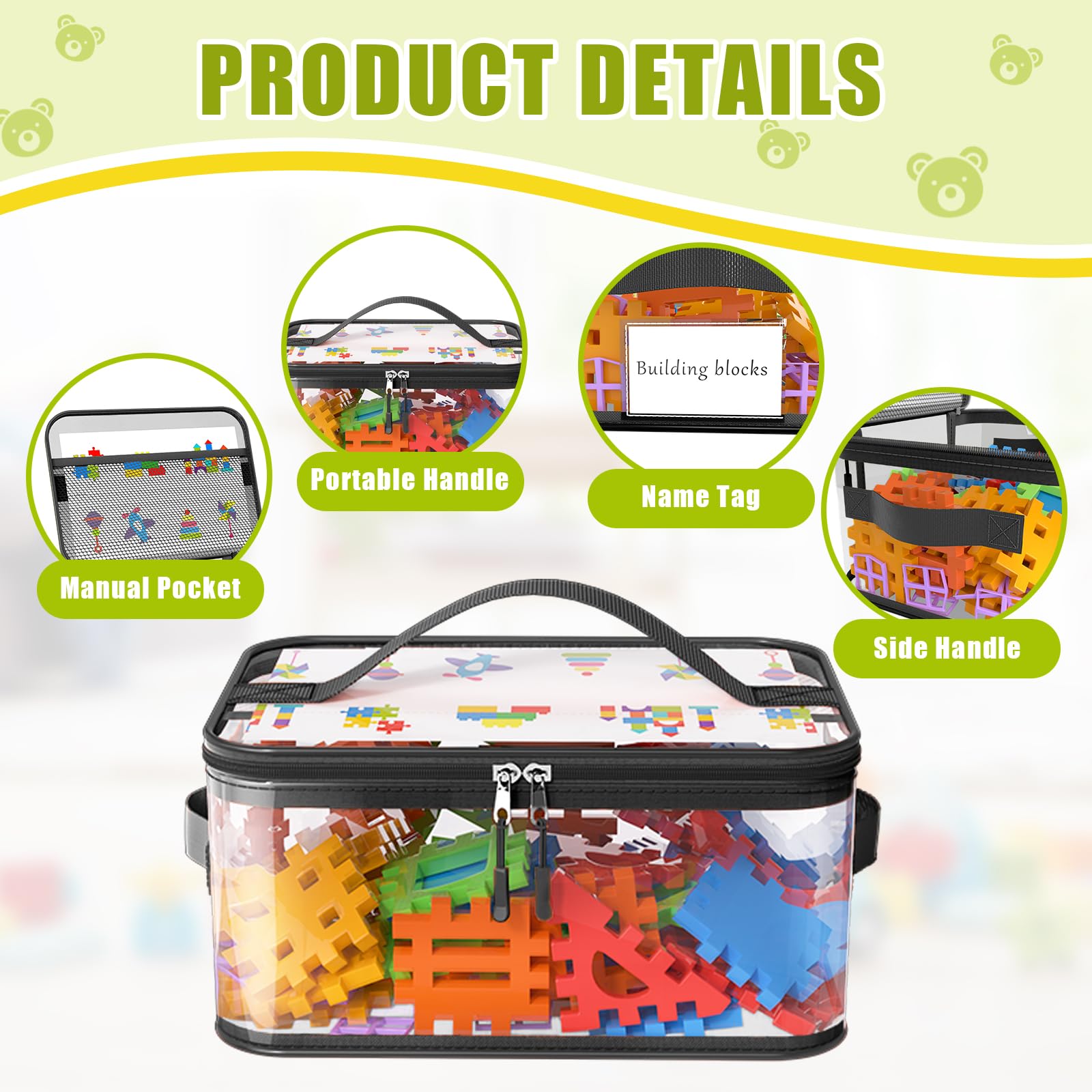 Shcsdr top and side handles provide easy carrying during playroom cleanup.