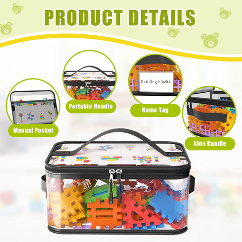 Shcsdr top and side handles provide easy carrying during playroom cleanup.