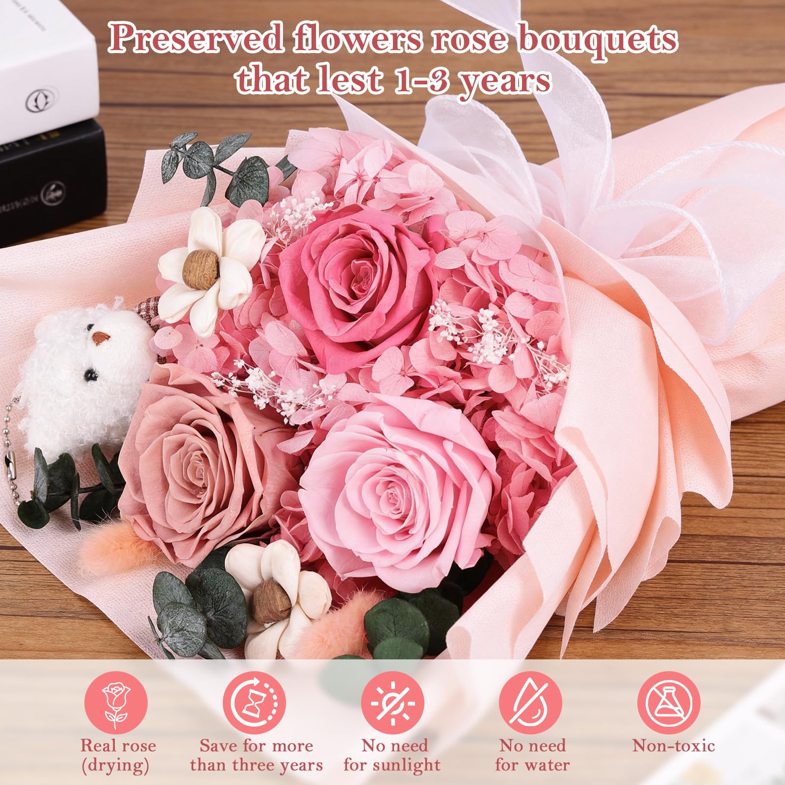 Close-up of Shearly eternal roses bouquet, vivid color and soft petals.